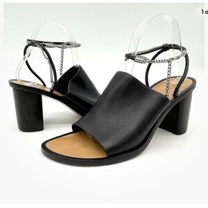 rag & bone Black Leather Block Heel Slide Sandals with Chain Ankle Straps